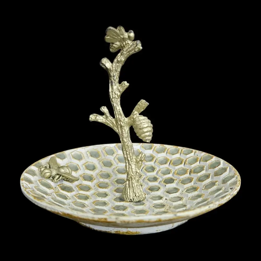 Vintage Bee Honeycomb Ring Dish Jewelry Holder Branch Tree Metal Trinket Tray